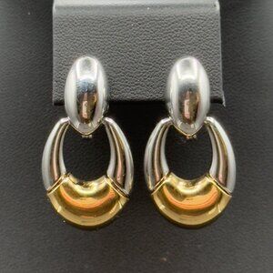 Vintage Two Tone Monet Chunky Door Knocker Clip On Earrings Mixed Metal